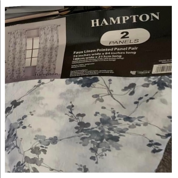 Other - Faux Linen curtain panel pair white with blue floral print 74” X 84”